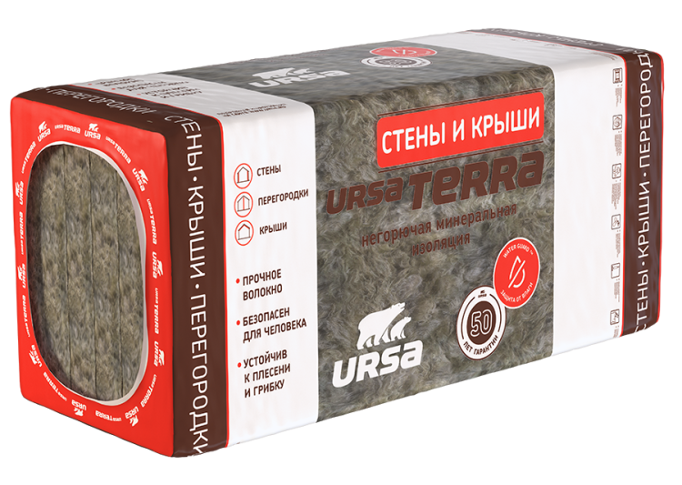 Утеплитель Ursa Terra 36 PN Стены и крыши 1250х610х100